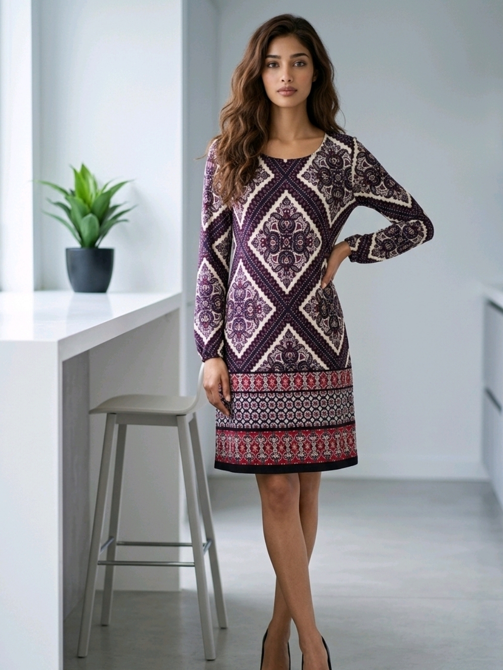 Tommy Hilfiger Medallion Patchwork Shift Dress Long Sleeve Office Boho Women 12